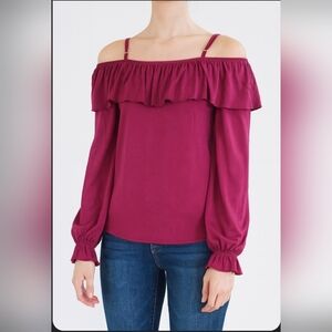 Burgundy Long Sleeve Cold Shoulder Ruffled Top NWT Large